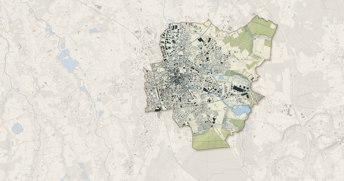 Portrait cartographique de Bourg-en-Bresse : relief, eau, forêts, bâti et voies, calculés à partir des données de l'IGN