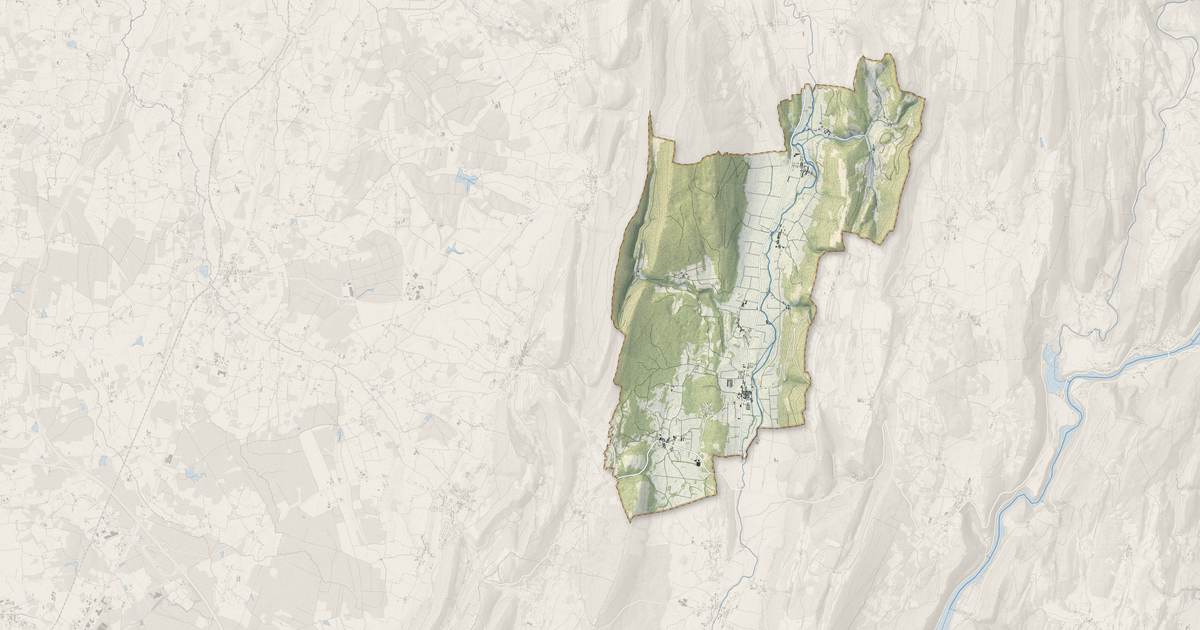 Portrait cartographique de Nivigne et Suran : relief, eau, forêts, bâti et voies, calculés à partir des données de l'IGN