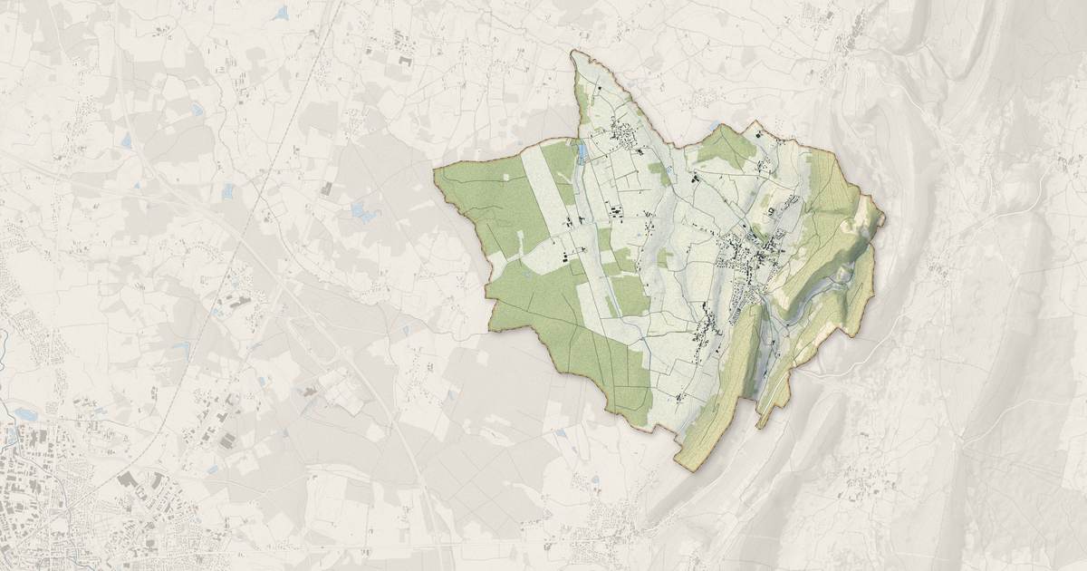 Portrait cartographique de Meillonnas : relief, eau, forêts, bâti et voies, calculés à partir des données de l'IGN