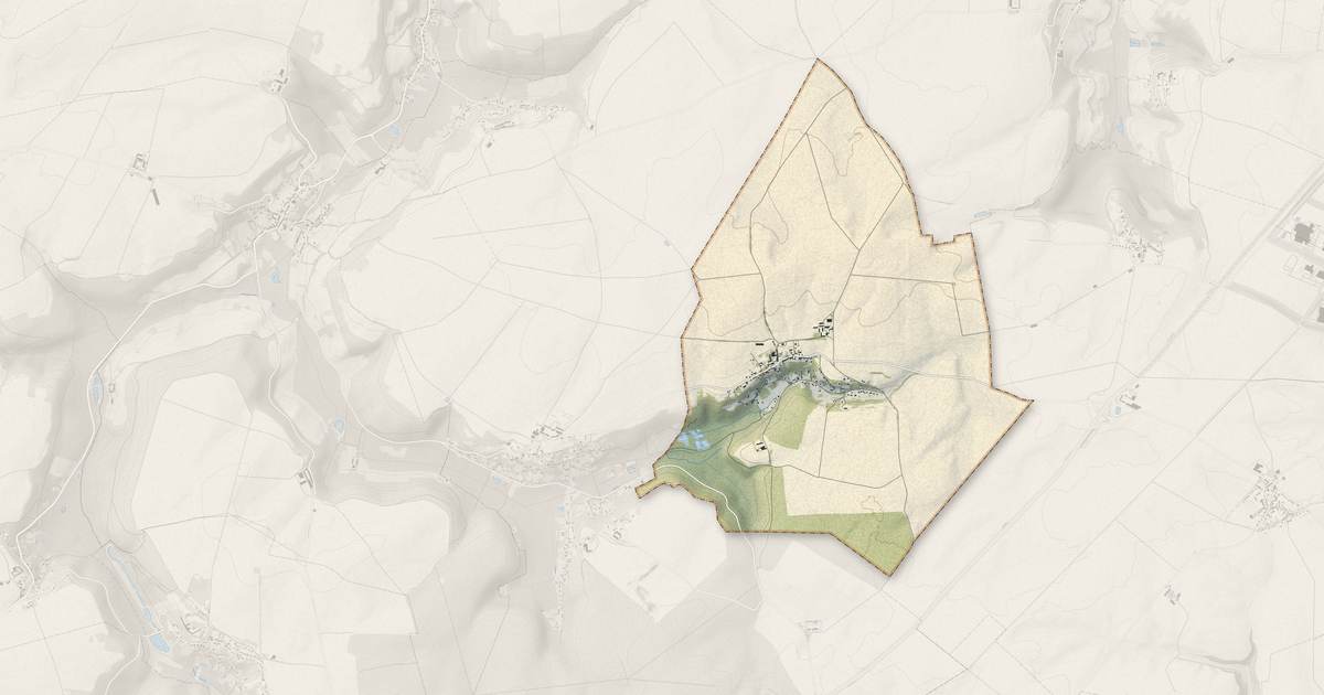 Portrait cartographique de Dommiers : relief, eau, forêts, bâti et voies, calculés à partir des données de l'IGN