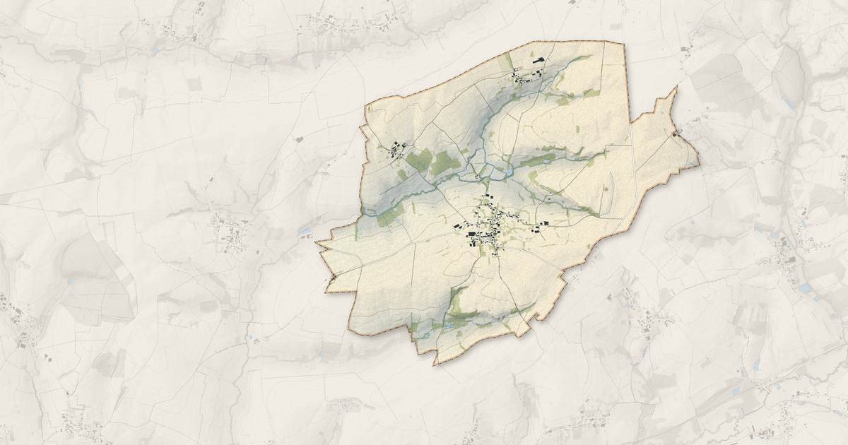 Portrait cartographique de Parfondeval : relief, eau, forêts, bâti et voies, calculés à partir des données de l'IGN