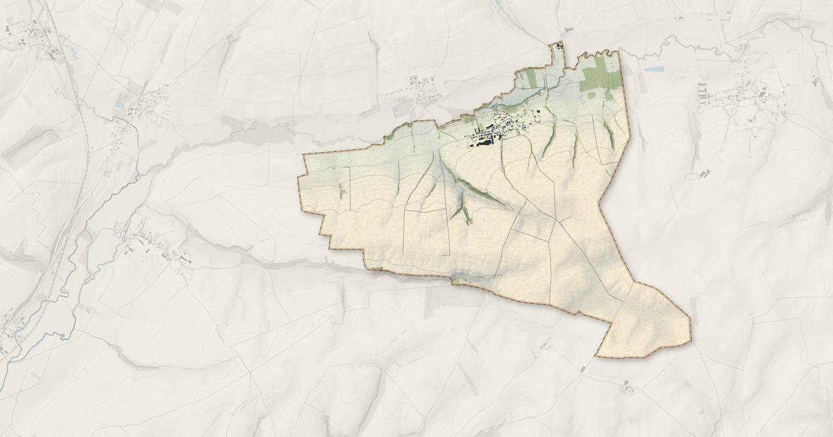 Portrait cartographique de Prisces : relief, eau, forêts, bâti et voies, calculés à partir des données de l'IGN