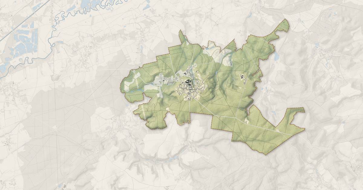 Portrait cartographique de Saint-Gobain : relief, eau, forêts, bâti et voies, calculés à partir des données de l'IGN