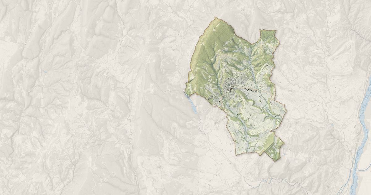 Portrait cartographique de Forcalquier : relief, eau, forêts, bâti et voies, calculés à partir des données de l'IGN