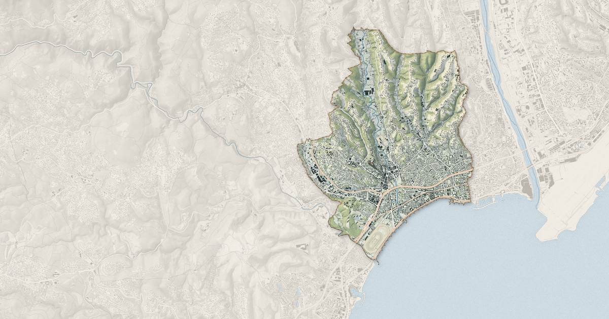 Portrait cartographique de Cagnes-sur-Mer : relief, eau, forêts, bâti et voies, calculés à partir des données de l'IGN