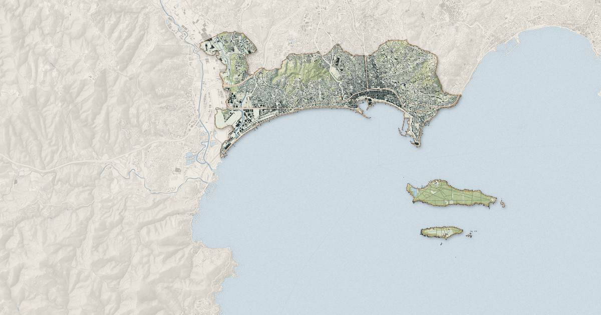 Portrait cartographique de Cannes : relief, eau, forêts, bâti et voies, calculés à partir des données de l'IGN