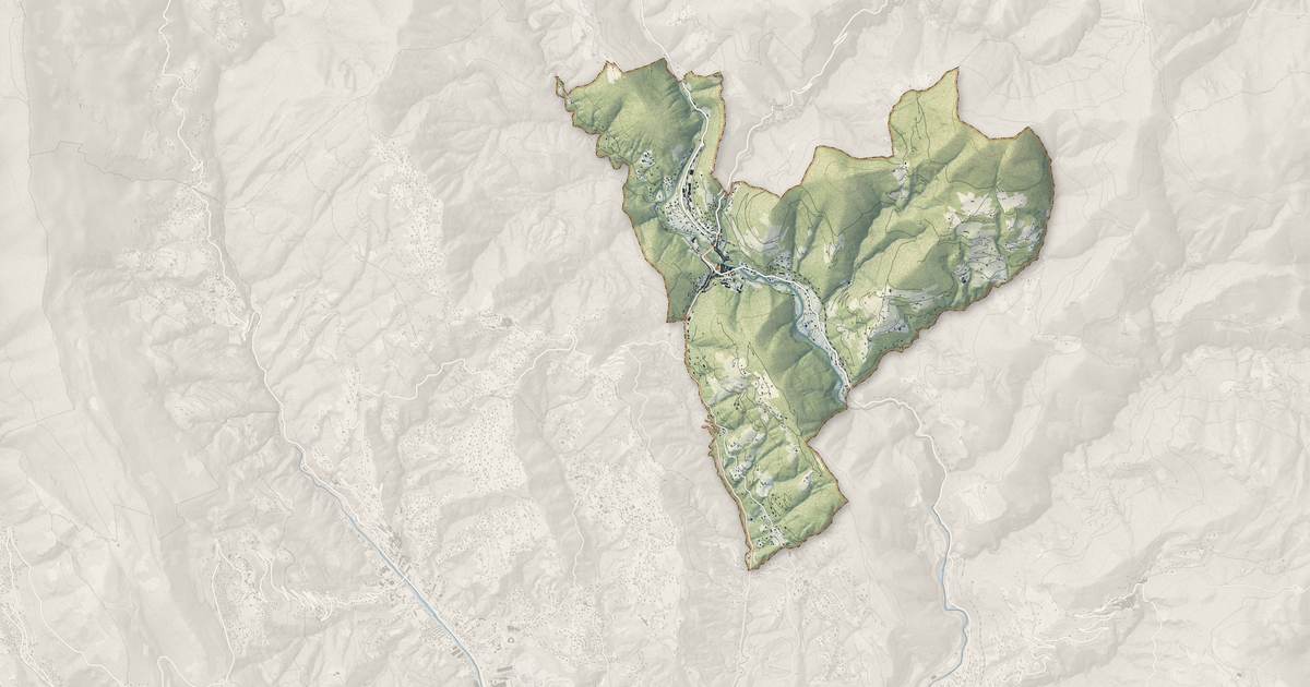 Portrait cartographique de L'Escarène : relief, eau, forêts, bâti et voies, calculés à partir des données de l'IGN