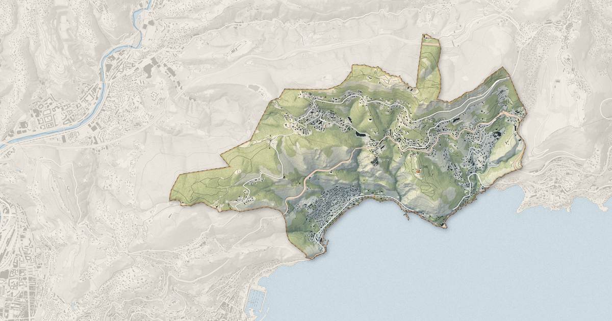 Portrait cartographique de Èze : relief, eau, forêts, bâti et voies, calculés à partir des données de l'IGN