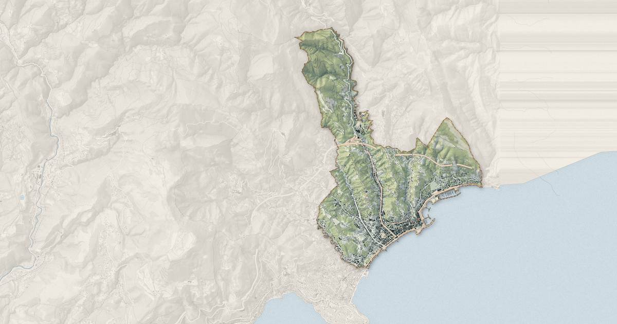 Portrait cartographique de Menton : relief, eau, forêts, bâti et voies, calculés à partir des données de l'IGN