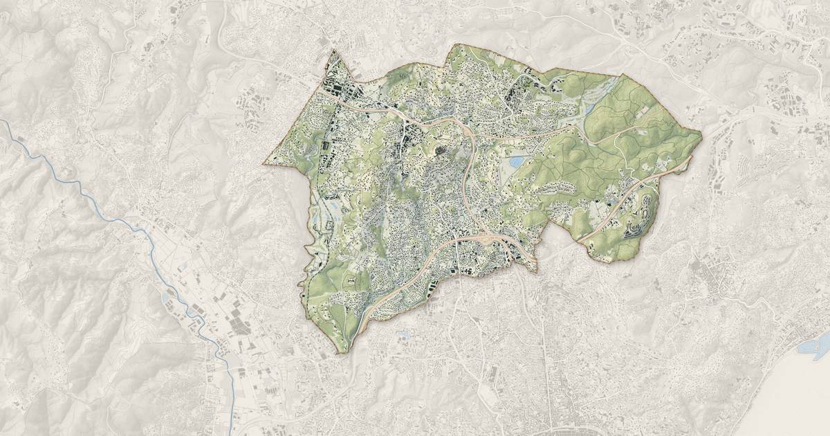 Portrait cartographique de Mougins : relief, eau, forêts, bâti et voies, calculés à partir des données de l'IGN