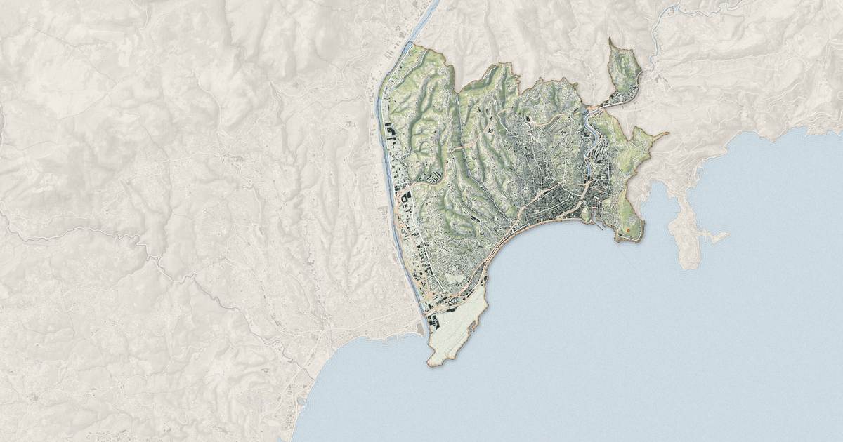 Portrait cartographique de Nice : relief, eau, forêts, bâti et voies, calculés à partir des données de l'IGN
