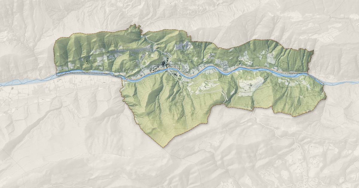 Portrait cartographique de Puget-Théniers : relief, eau, forêts, bâti et voies, calculés à partir des données de l'IGN