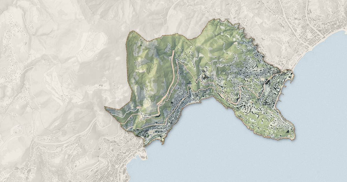 Portrait cartographique de Roquebrune-Cap-Martin : relief, eau, forêts, bâti et voies, calculés à partir des données de l'IGN