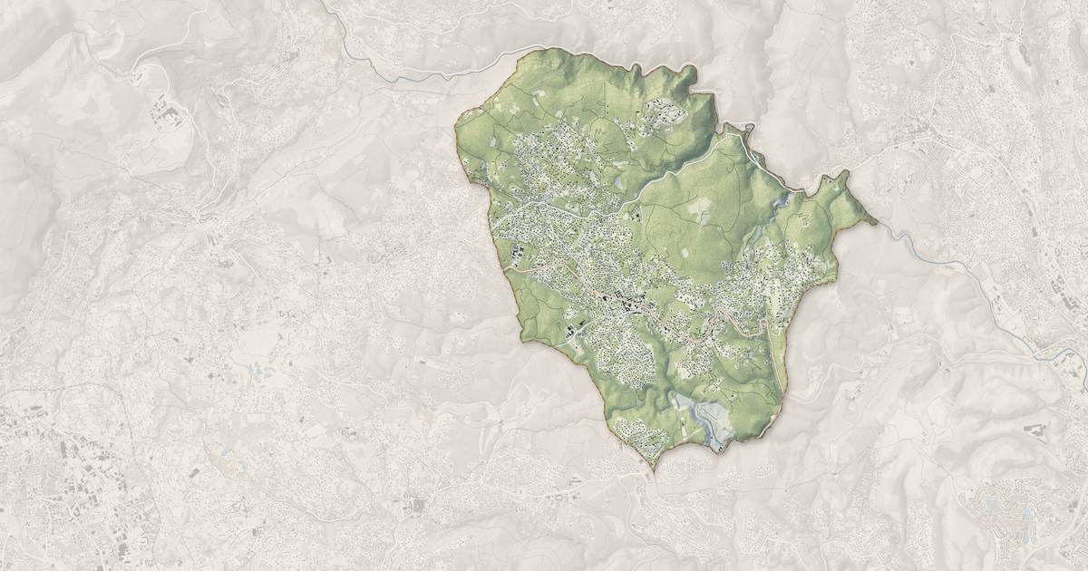 Portrait cartographique de Roquefort-les-Pins : relief, eau, forêts, bâti et voies, calculés à partir des données de l'IGN