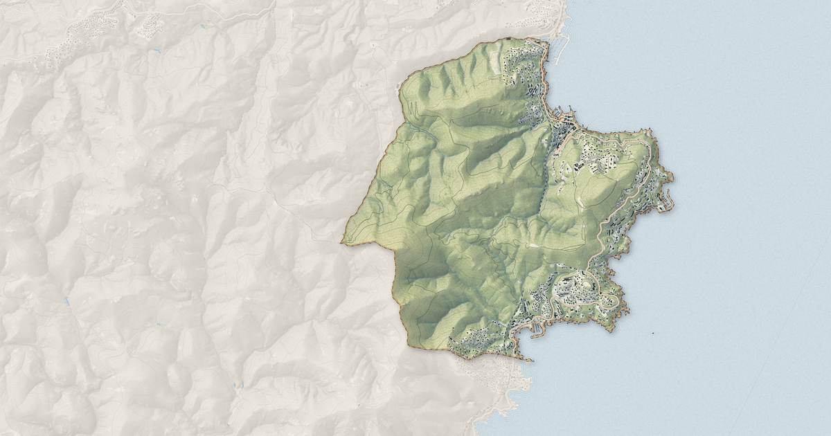 Portrait cartographique de Théoule-sur-Mer : relief, eau, forêts, bâti et voies, calculés à partir des données de l'IGN