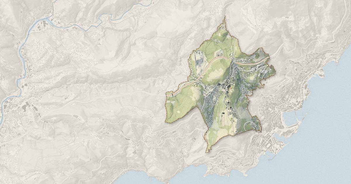 Portrait cartographique de La Turbie : relief, eau, forêts, bâti et voies, calculés à partir des données de l'IGN