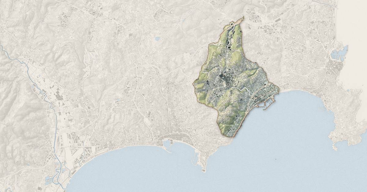 Portrait cartographique de Vallauris : relief, eau, forêts, bâti et voies, calculés à partir des données de l'IGN