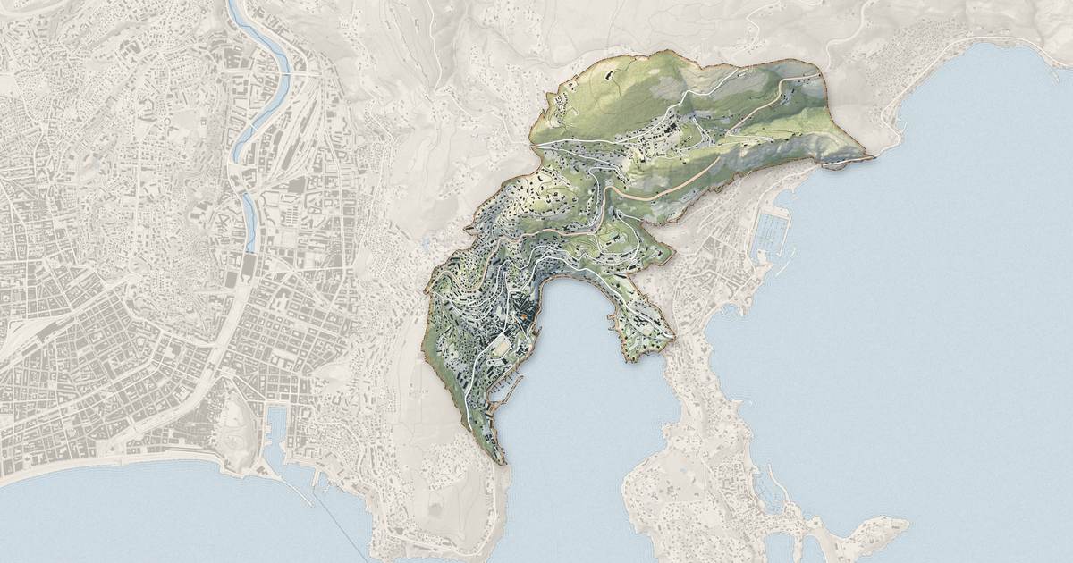 Portrait cartographique de Villefranche-sur-Mer : relief, eau, forêts, bâti et voies, calculés à partir des données de l'IGN