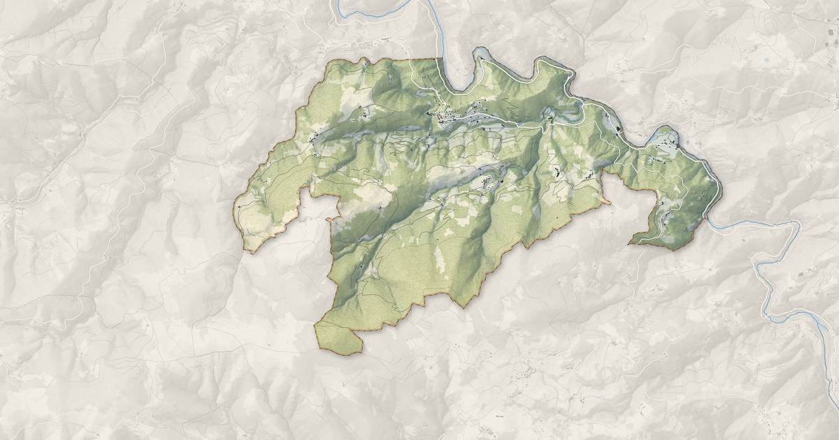 Portrait cartographique de Beauvène : relief, eau, forêts, bâti et voies, calculés à partir des données de l'IGN