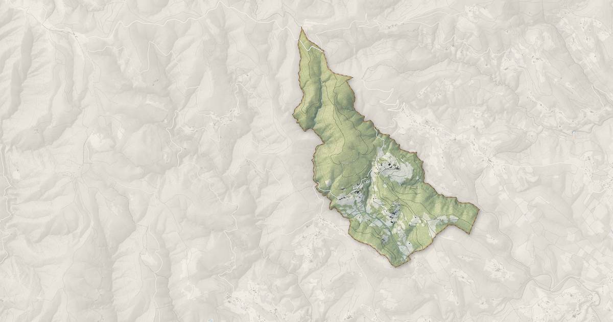 Portrait cartographique de Faugères : relief, eau, forêts, bâti et voies, calculés à partir des données de l'IGN