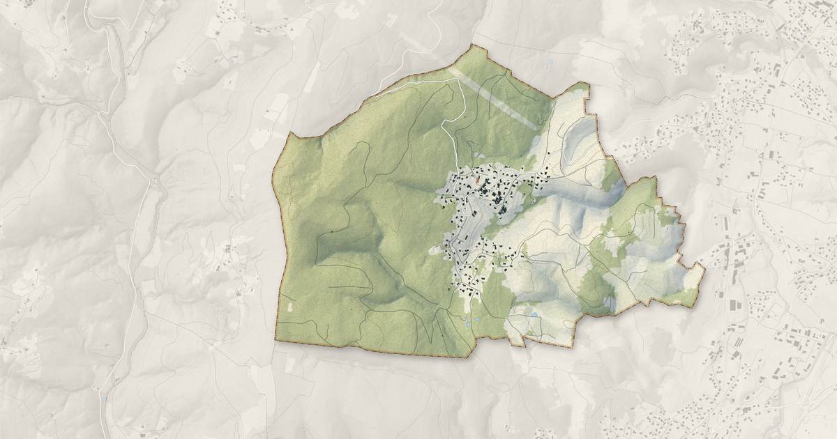 Portrait cartographique de Fons : relief, eau, forêts, bâti et voies, calculés à partir des données de l'IGN