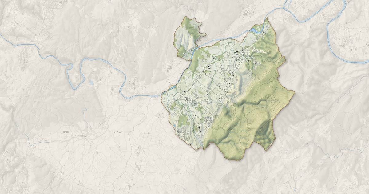 Portrait cartographique de Grospierres : relief, eau, forêts, bâti et voies, calculés à partir des données de l'IGN