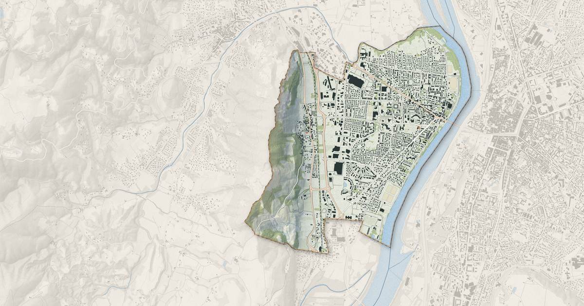 Portrait cartographique de Guilherand-Granges : relief, eau, forêts, bâti et voies, calculés à partir des données de l'IGN