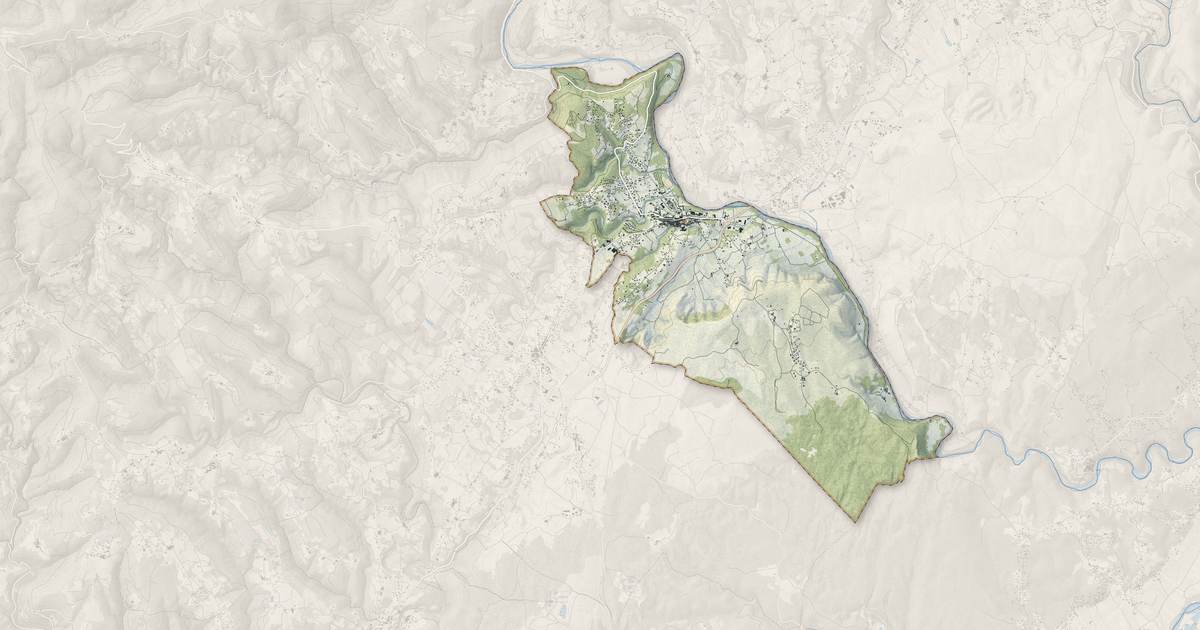 Portrait cartographique de Joyeuse : relief, eau, forêts, bâti et voies, calculés à partir des données de l'IGN
