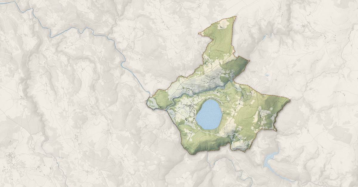 Portrait cartographique de Le Lac-d'Issarlès : relief, eau, forêts, bâti et voies, calculés à partir des données de l'IGN