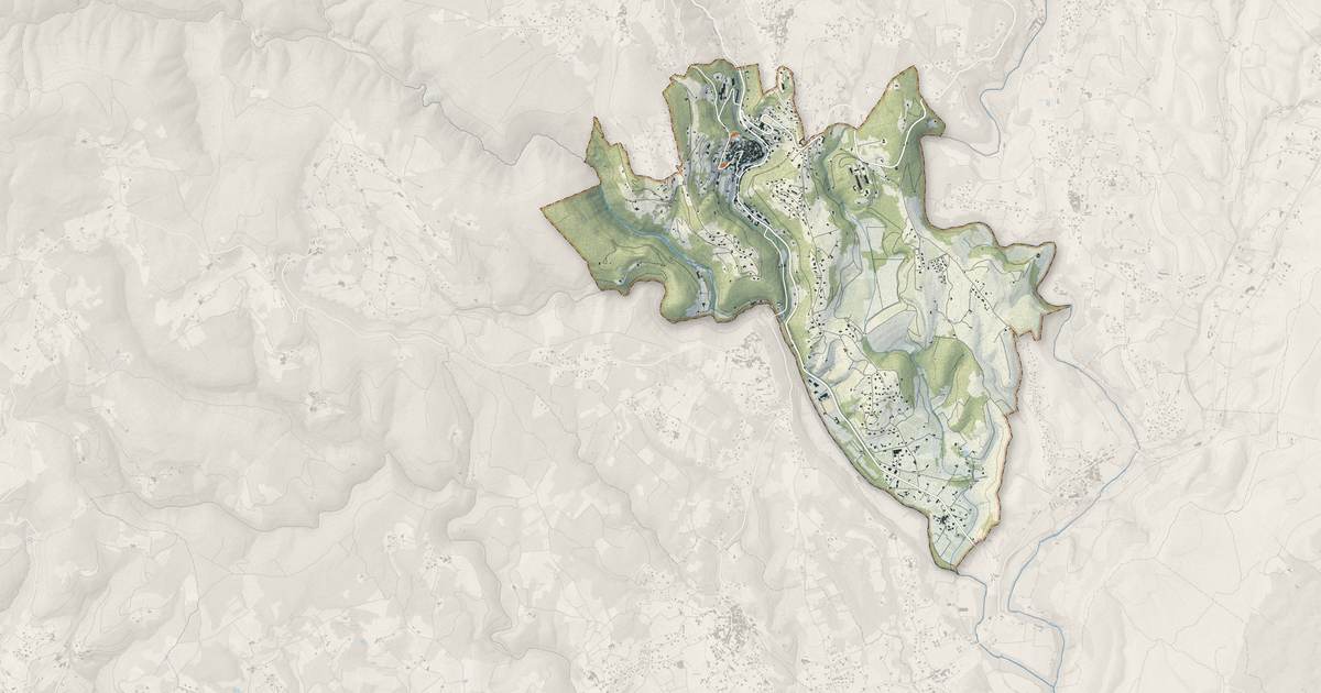 Portrait cartographique de Largentière : relief, eau, forêts, bâti et voies, calculés à partir des données de l'IGN