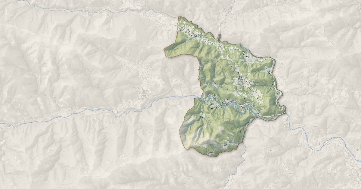 Portrait cartographique de Meyras : relief, eau, forêts, bâti et voies, calculés à partir des données de l'IGN