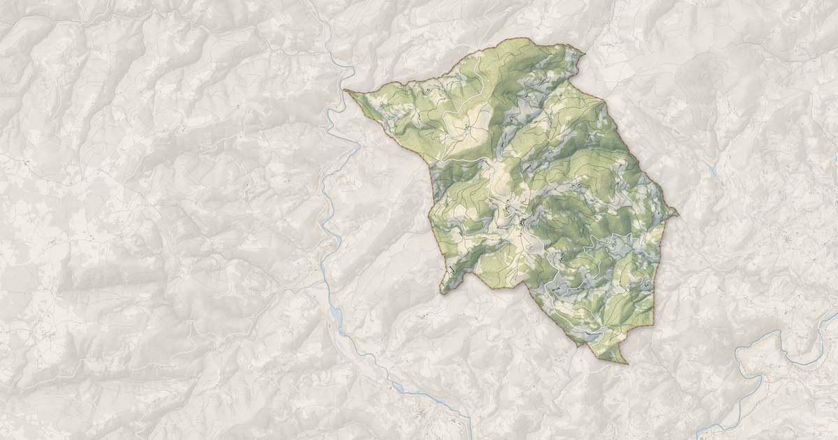 Portrait cartographique de Nozières : relief, eau, forêts, bâti et voies, calculés à partir des données de l'IGN