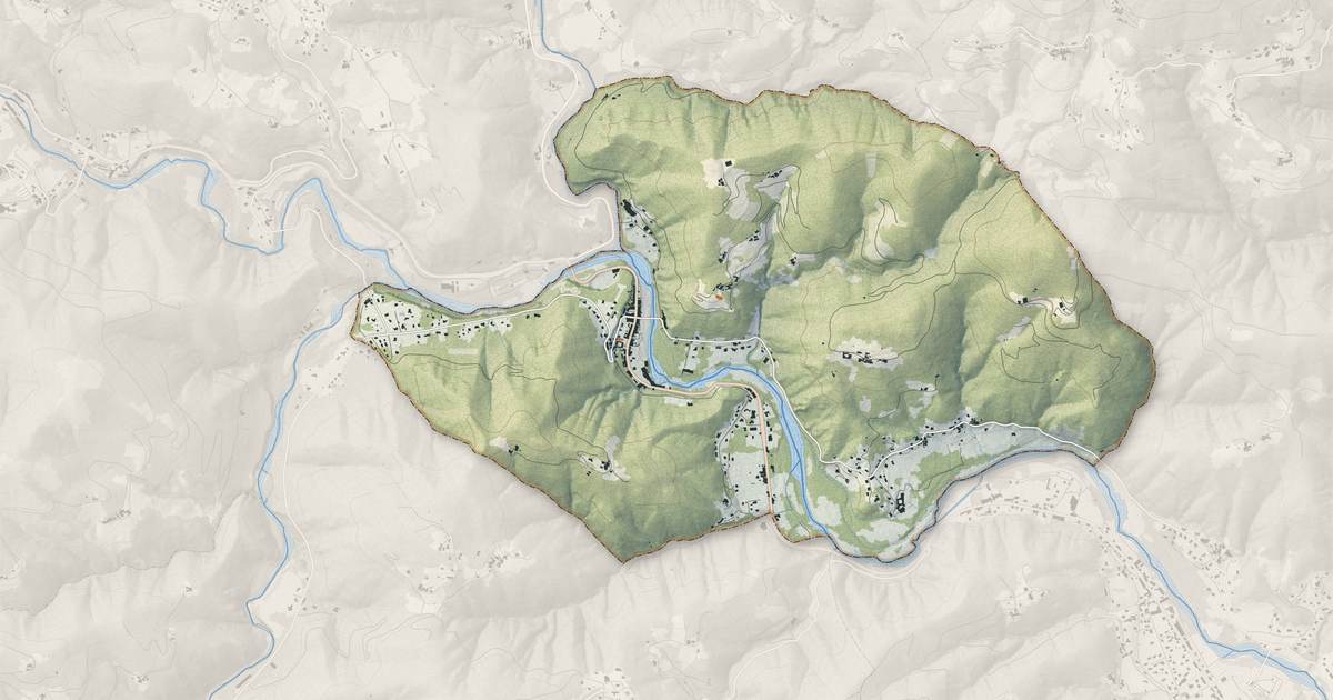 Portrait cartographique de Pont-de-Labeaume : relief, eau, forêts, bâti et voies, calculés à partir des données de l'IGN