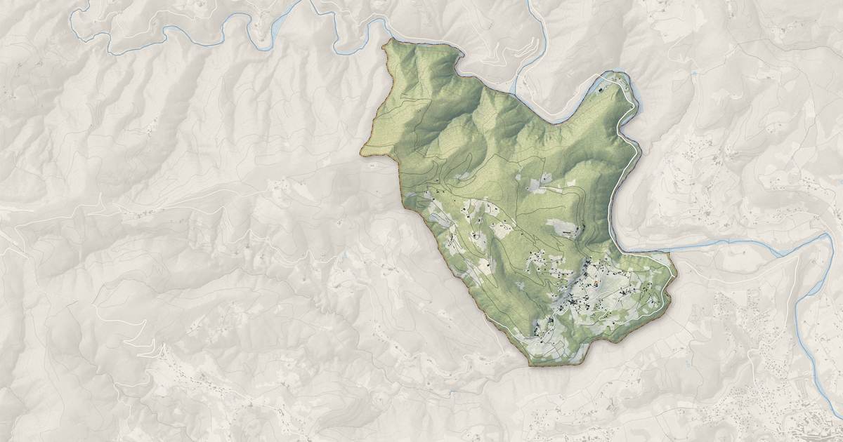 Portrait cartographique de Ribes : relief, eau, forêts, bâti et voies, calculés à partir des données de l'IGN