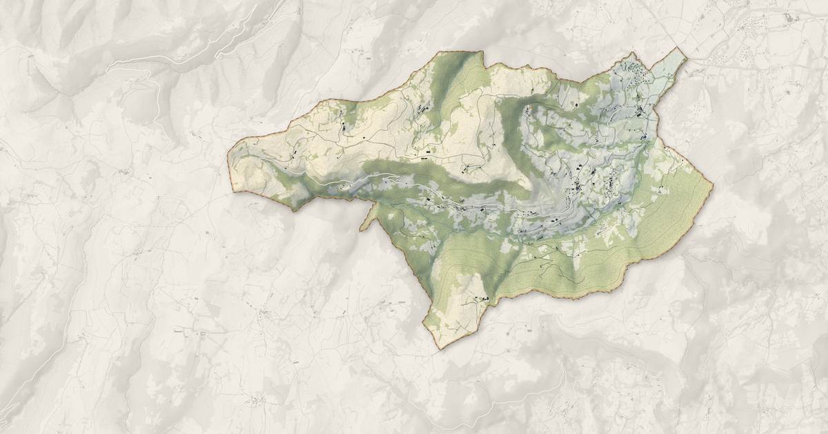 Portrait cartographique de Rochessauve : relief, eau, forêts, bâti et voies, calculés à partir des données de l'IGN