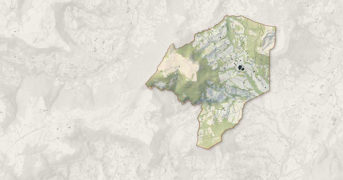 Portrait cartographique de Saint-Bauzile : relief, eau, forêts, bâti et voies, calculés à partir des données de l'IGN