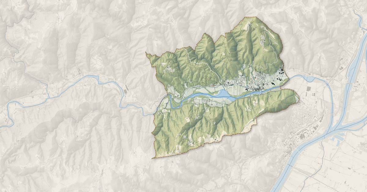 Portrait cartographique de Saint-Laurent-du-Pape : relief, eau, forêts, bâti et voies, calculés à partir des données de l'IGN