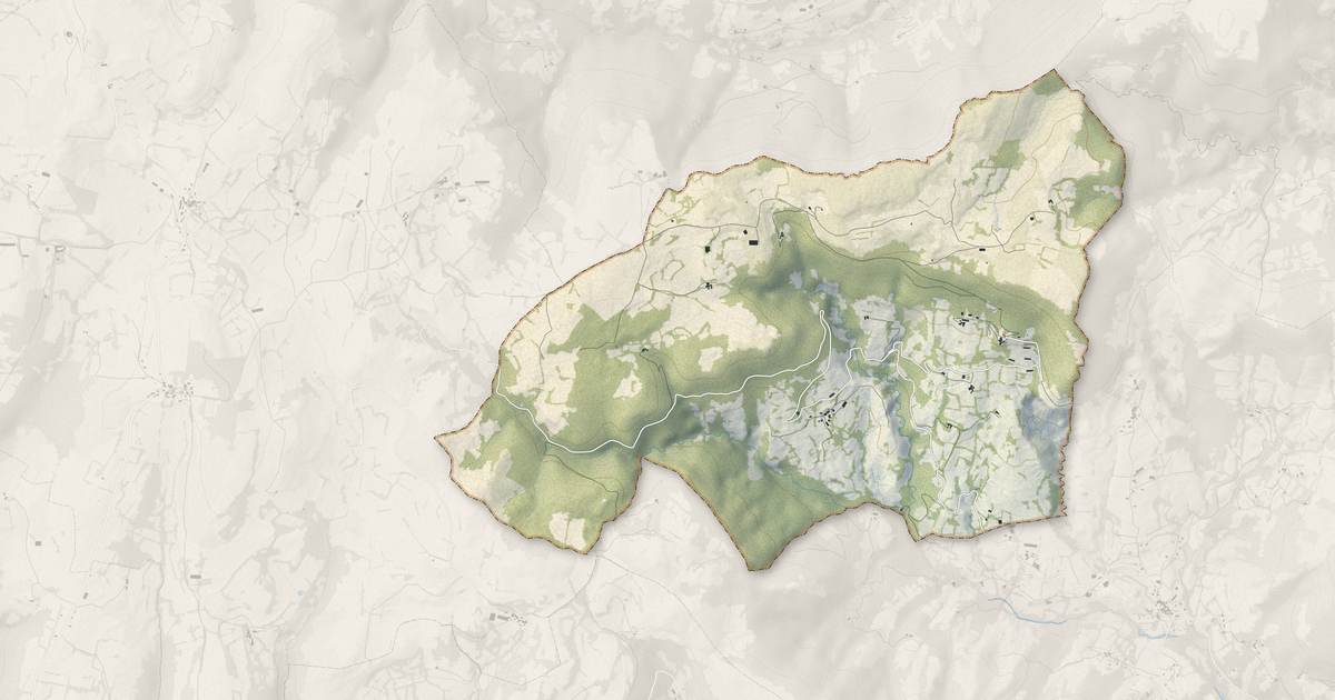 Portrait cartographique de Saint-Pierre-la-Roche : relief, eau, forêts, bâti et voies, calculés à partir des données de l'IGN