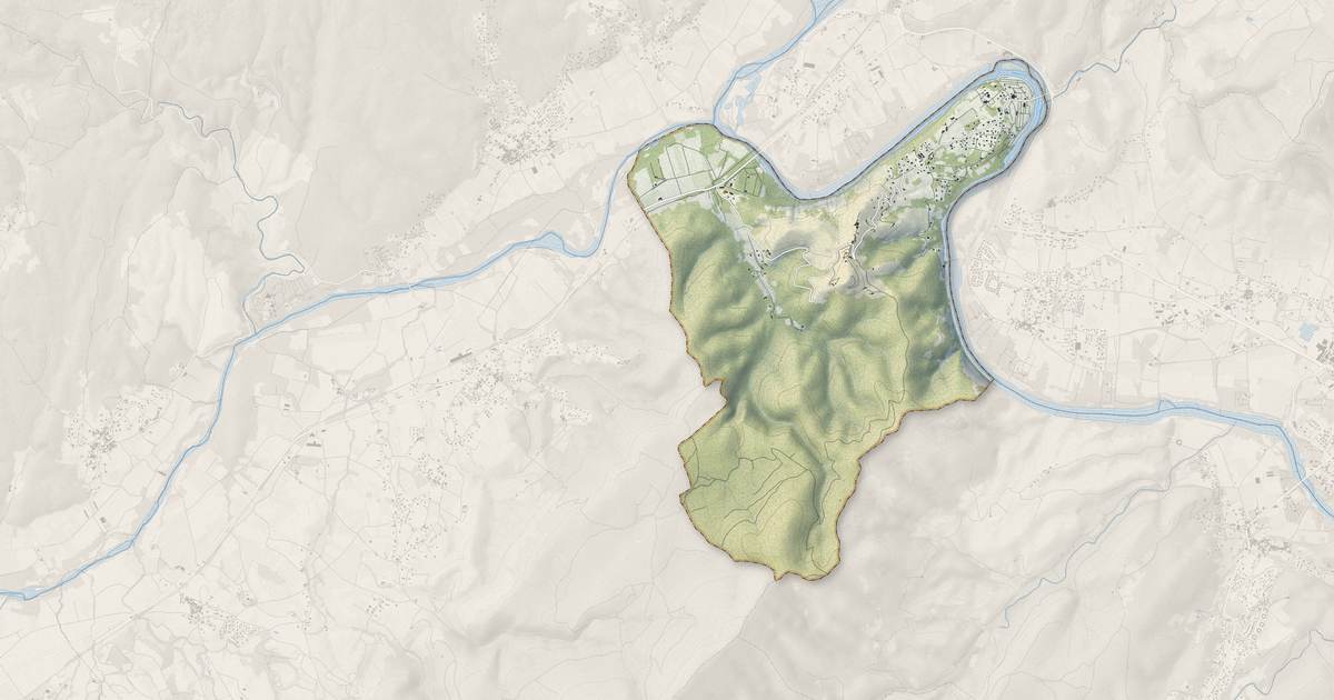 Portrait cartographique de Sampzon : relief, eau, forêts, bâti et voies, calculés à partir des données de l'IGN
