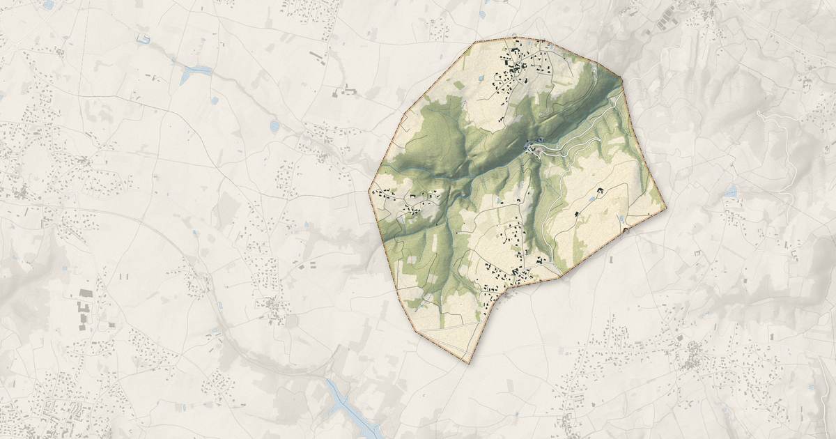 Portrait cartographique de Thorrenc : relief, eau, forêts, bâti et voies, calculés à partir des données de l'IGN