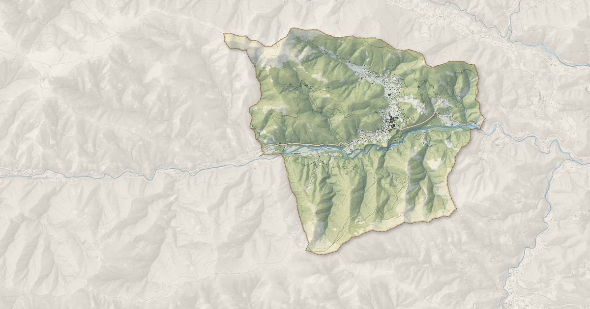 Portrait cartographique de Thueyts : relief, eau, forêts, bâti et voies, calculés à partir des données de l'IGN