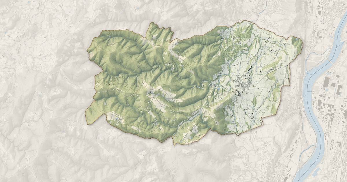 Portrait cartographique de Toulaud : relief, eau, forêts, bâti et voies, calculés à partir des données de l'IGN