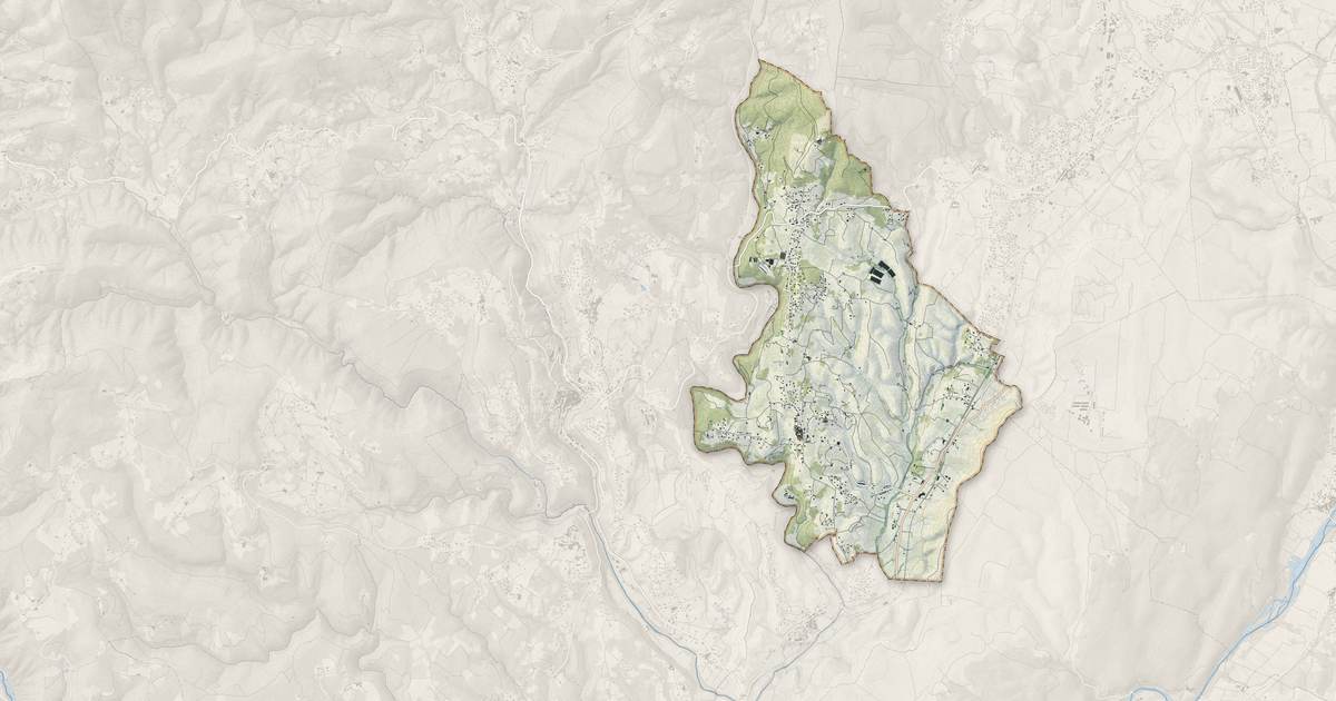 Portrait cartographique de Vinezac : relief, eau, forêts, bâti et voies, calculés à partir des données de l'IGN
