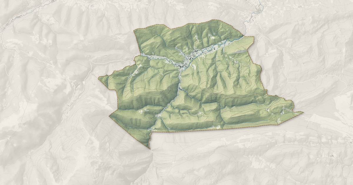 Portrait cartographique de Fougax-et-Barrineuf : relief, eau, forêts, bâti et voies, calculés à partir des données de l'IGN