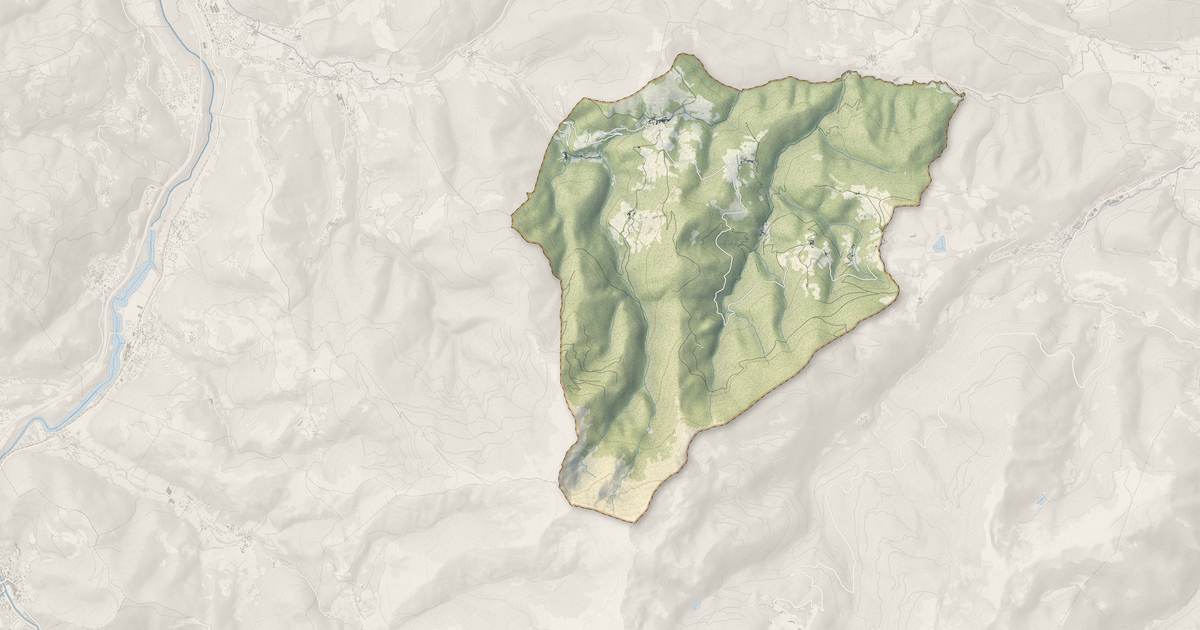 Portrait cartographique de Freychenet : relief, eau, forêts, bâti et voies, calculés à partir des données de l'IGN