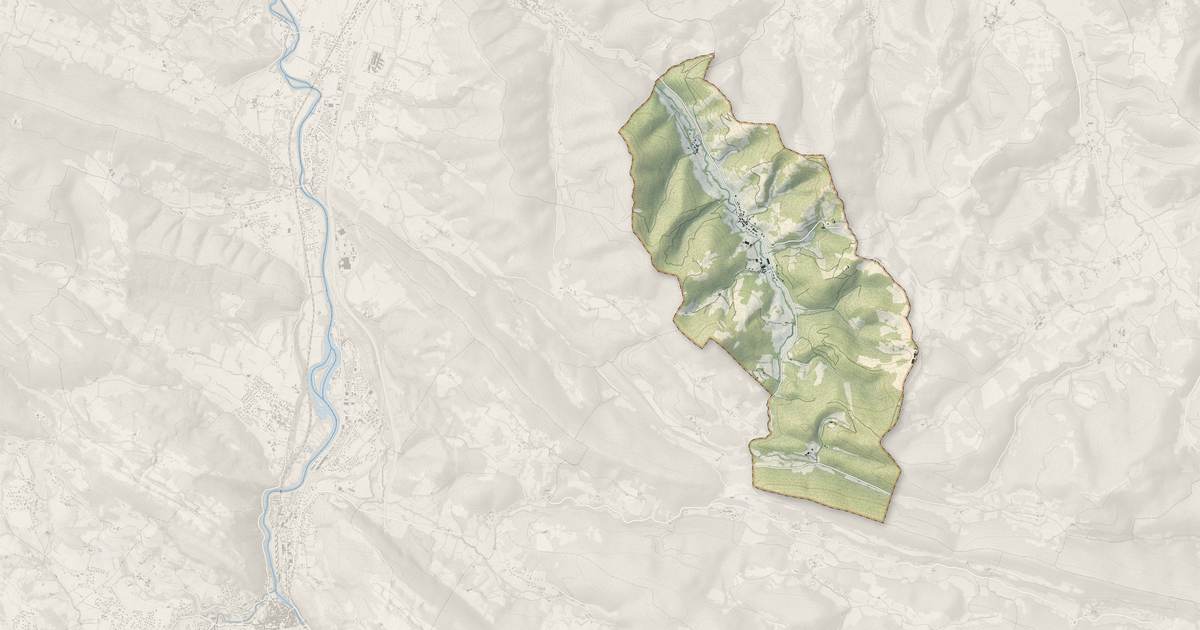 Portrait cartographique de Gudas : relief, eau, forêts, bâti et voies, calculés à partir des données de l'IGN