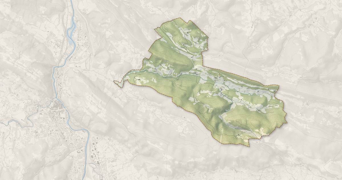 Portrait cartographique de L'Herm : relief, eau, forêts, bâti et voies, calculés à partir des données de l'IGN