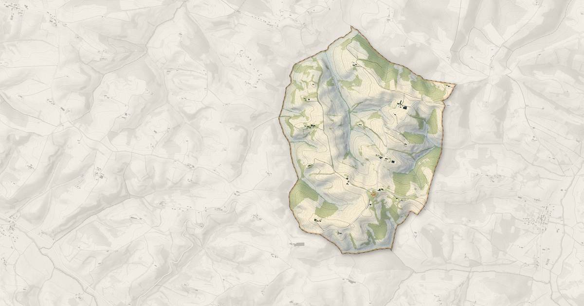 Portrait cartographique de Justiniac : relief, eau, forêts, bâti et voies, calculés à partir des données de l'IGN