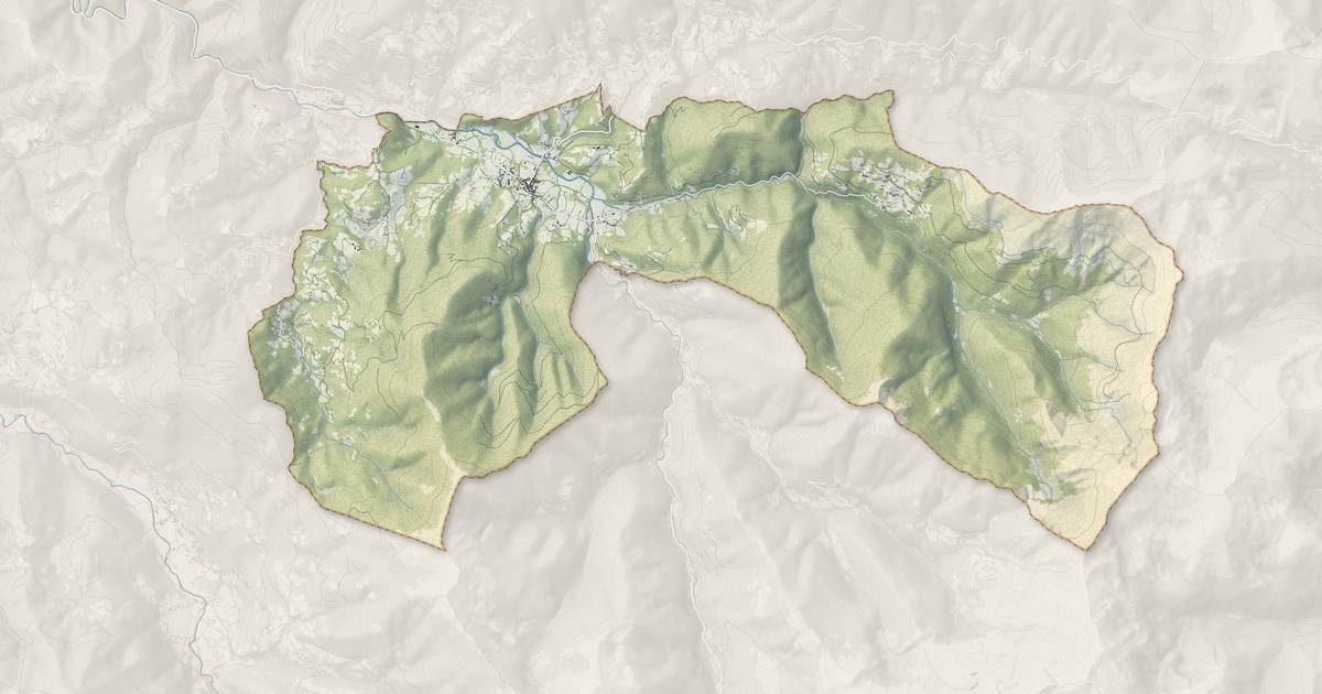 Portrait cartographique de Massat : relief, eau, forêts, bâti et voies, calculés à partir des données de l'IGN