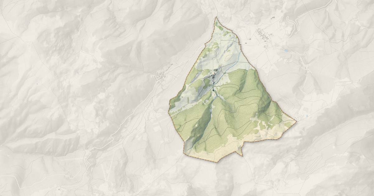 Portrait cartographique de Montaillou : relief, eau, forêts, bâti et voies, calculés à partir des données de l'IGN